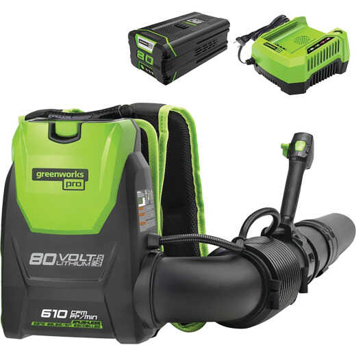 Greenworks 80V 610 CFM 180 MPH Cordless Single-Port Backpack Leaf Blower with 4.0 Ah Battery & Charger
